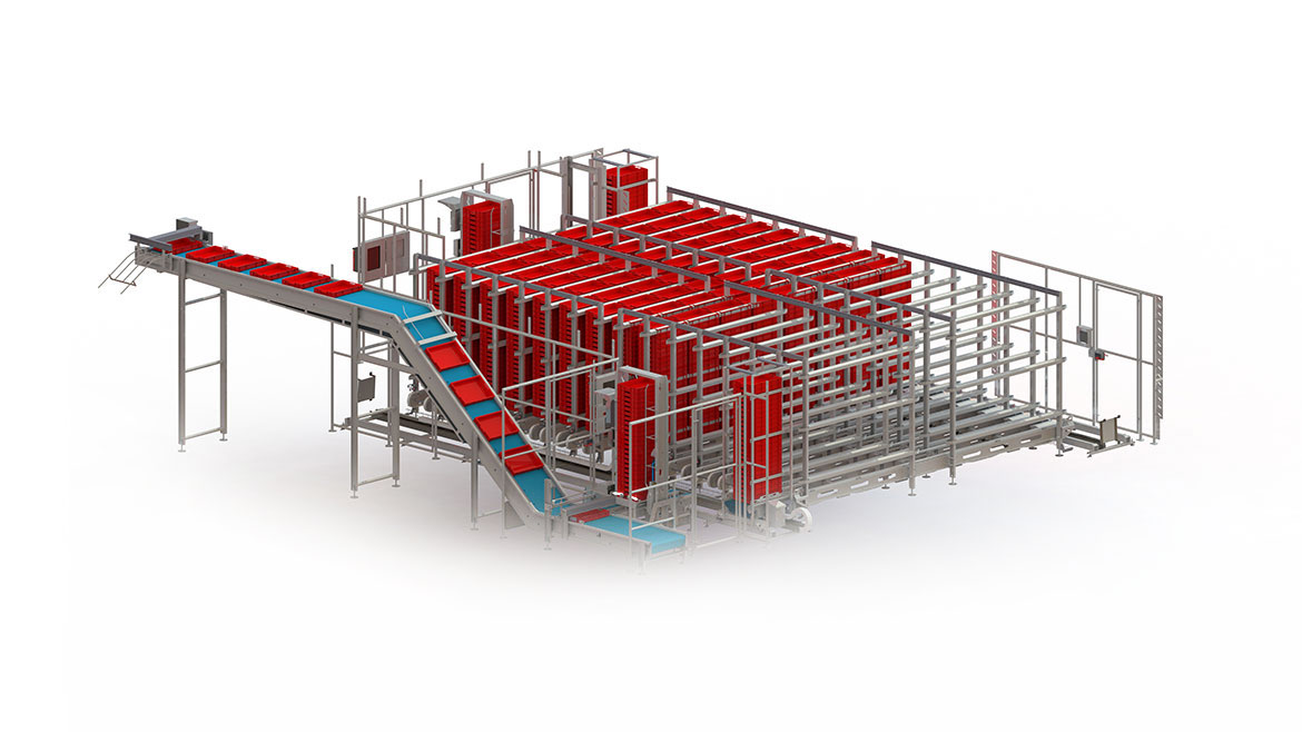 Ligne de stockage et destockage de bacs